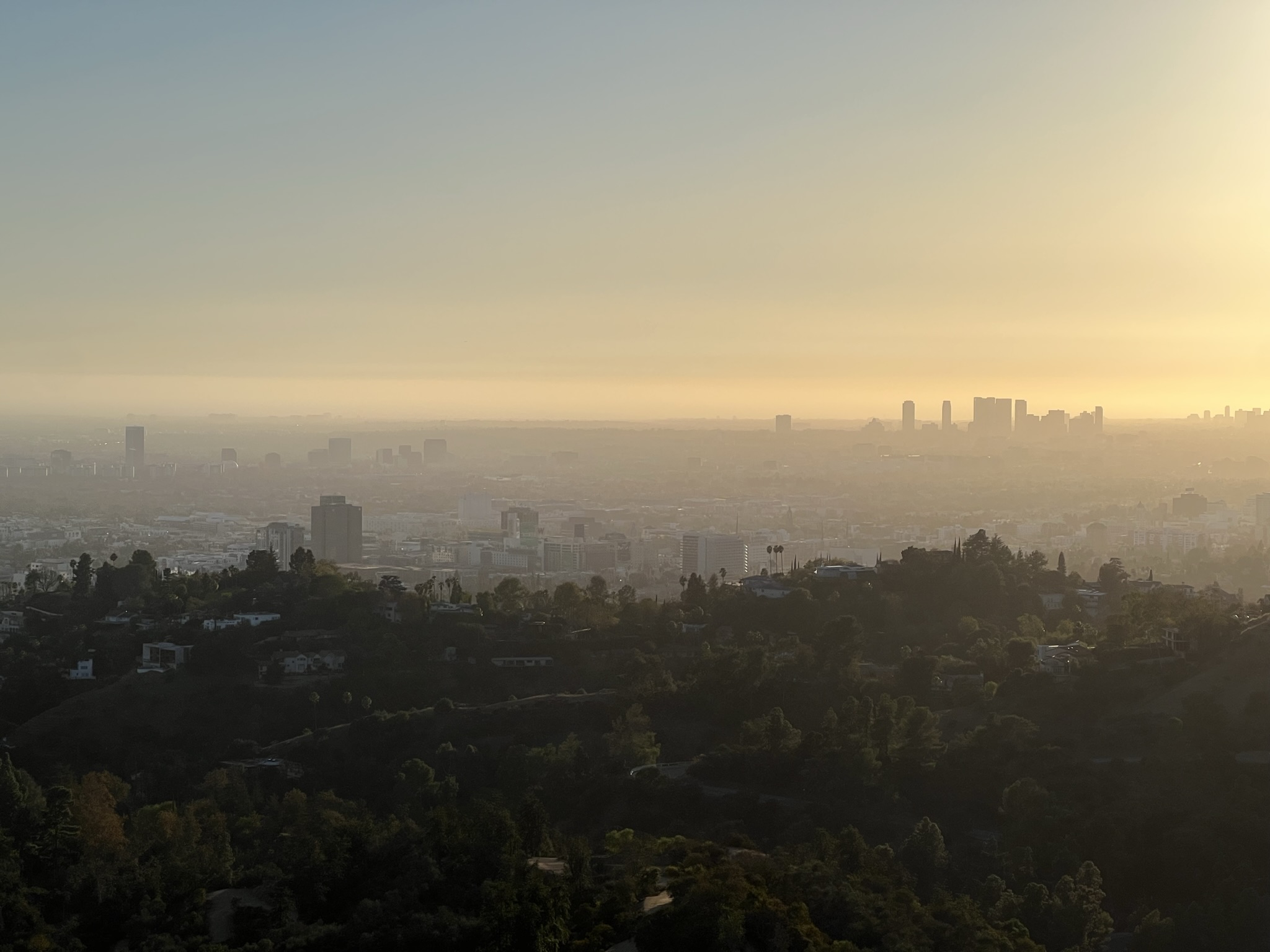 Los Angeles City view from Griffith Observatory near Hollywood sign.